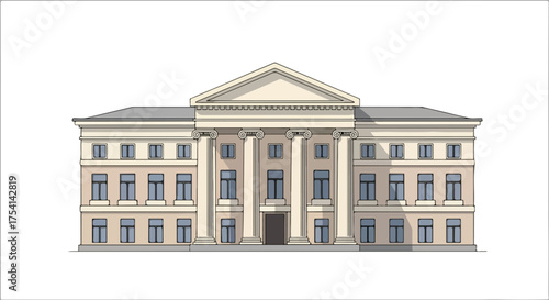 Architectural Illustration: Classical Building Facade with Columns and Rectangular Windows in Neutral Tones