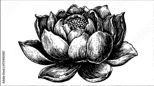 Lotus flower in black and white outline style. Vintage vector illustration and engraving, suitable for various decorative uses.