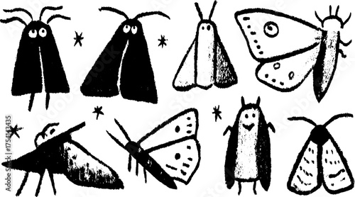 Cartoon moths in black and white style. Simple vector illustration set showcasing various insect designs.