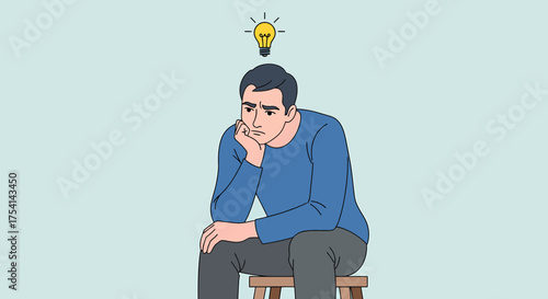 Contemplative Man With Lightbulb Above Head Seeking New Idea