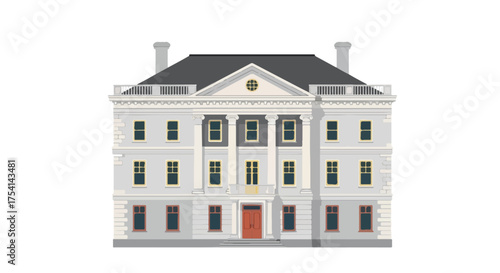 Grand Classical Facade: Architectural Illustration of a Palatial Residence with Bold Columns and symmetrical Window Details
