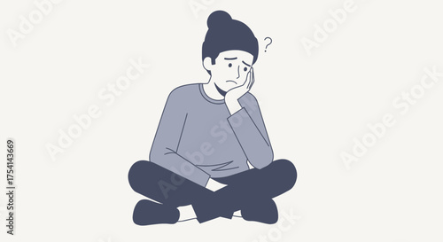 Doubtful Woman Sitting Cross Legged, Question Mark Over Head