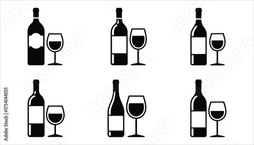 Six black icons of wine bottles and glasses on white background Keywords: wine, bottle, glass, drink