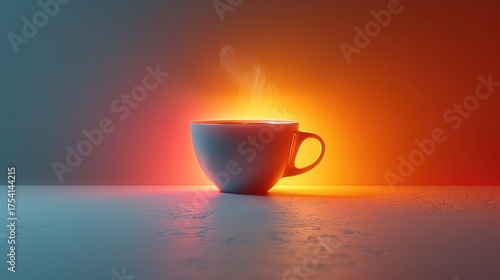  a stylized neon coffee cup in orange glowing on a white background and white tabletop, clear focus
