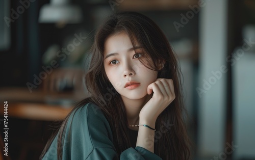 Asian young woman with long brown hair is captured in a thoughtful pose, wearing a teal sweater.
