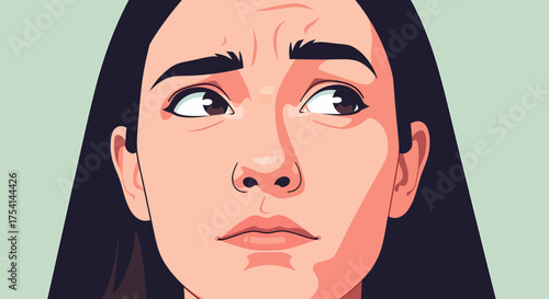 Pensive Woman Looking Up With Concern In Simplified Illustration Style