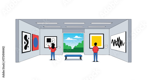 Visitors immersed in the contemporary art exhibition, discovering the aesthetic narratives represented in diverse abstract artworks, fostering