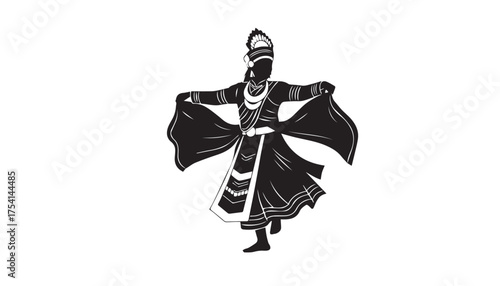Silhouette of a traditional Indian dancer in ornate costume, performing gracefully.