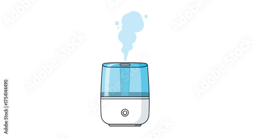Stylized illustration of an ultrasonic humidifier emitting vapor creating comfortable ambiance showing simple design and easy functionality