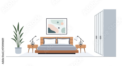 Serene bedroom interior with minimalist design featuring muted tones and warm wood elements, showcasing a modern and comfortable living space