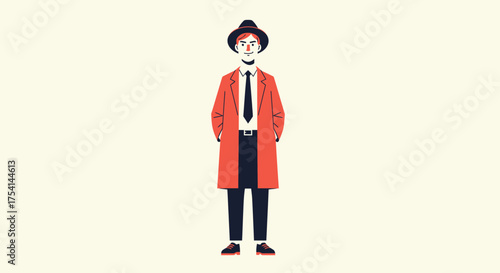 Stylish Man In Coat Isolated On Plain Background Cartoon Illustration