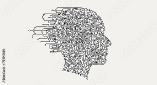 Tangled Mind Digital Silhouette Of Human Head With Circuits