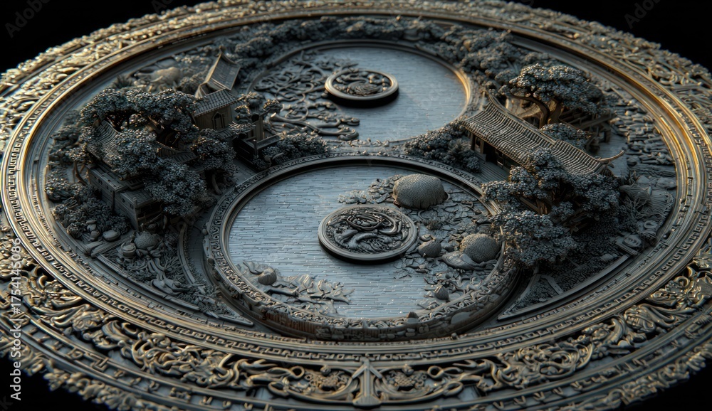 Obraz premium Intricately carved yin yang symbol with detailed landscape design