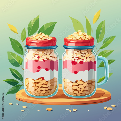 Oatmeal parfait jars with berries and granola illustration.