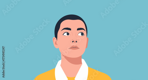 Young Man Looking Upwards With Hopeful Expression On Blue Backdrop