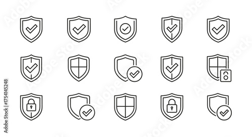 Security shield icon set. Vector line art symbols for protection, safety, and data privacy. Guarantee and quality assurance concepts. Includes checkmark, tick, and lock icons.