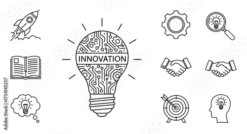 Innovation and creativity icon set. Business startup, strategy, and success concepts. Lightbulb with tech circuit board, rocket launch, handshake, target goal, knowledge vector.
