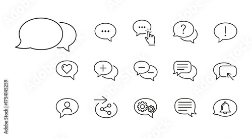 Chat bubble line icon set. Speech bubbles for messaging, communication, dialogue and social media. UI vector icons for comments, questions, notifications, like, share, settings.