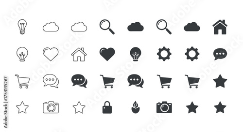Universal web icon set for website and mobile app. Basic UI UX kit. Outline and solid pictograms. Shopping cart, search, home, like, settings, idea, and chat icons. Vector symbols.