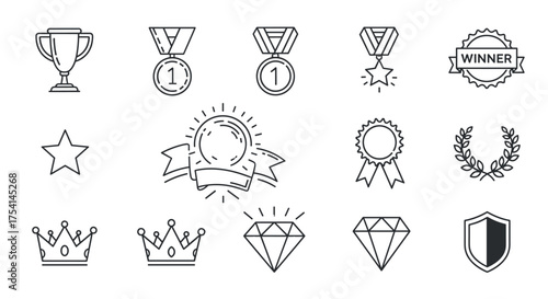 Award trophy medal winner line icon set. Victory achievement success concept. Competition prize symbols. Star crown diamond ribbon laurel shield vector graphic elements.