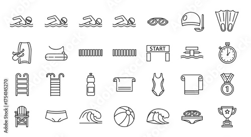 Swimming and water sport line icon set. Pool competition and beach recreation vector symbols. Swimmer, race, training, equipment, trophy, medal and vacation outline pictograms.