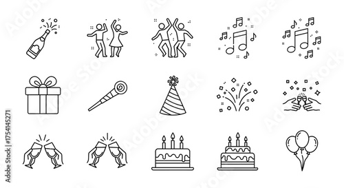 Party and celebration line icon set. Birthday, new year, and event symbols. Includes champagne, gift, cake, dancing people, music, and confetti. Vector graphic collection.
