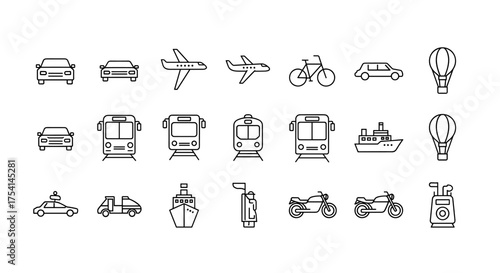 Big transport line icon set. Car, bus, train, airplane, ship, motorcycle, bike. Public and private transportation symbols. Travel, delivery, and vehicle vector collection.