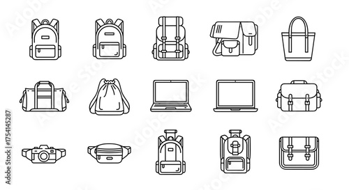 Set of bags and travel accessories line icons. Includes backpack, laptop, camera bag, fanny pack, tote, and duffel. Outline vector collection for school, work, and tourism.