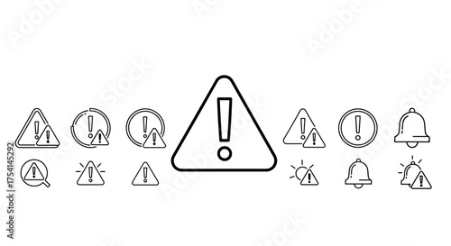Warning alert icon set. Exclamation mark in triangle and circle. Notification bell symbol collection. Danger, caution, error, and risk signs for web and app interface design.