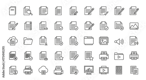 Document file management thin line icon set. Icons for edit, search, print, folder, cloud data, multimedia. Vector symbols for website UI, app, and business document flow.