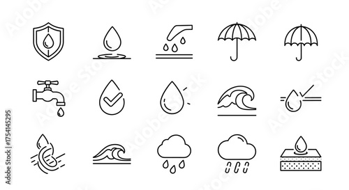 Water and Rain Icons Set, Liquid Drops, Umbrella Protection, Tap Faucet, Wave, Raincloud, Water Conservation, Weather Symbols, Droplet Elements, Fluid Flow, Precipitation Controls