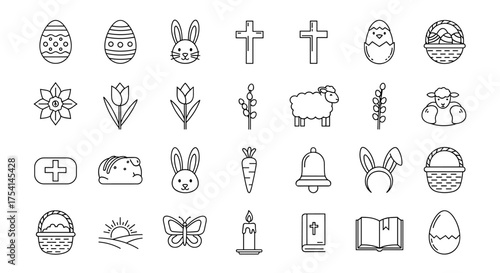 Easter line icon collection. Christian spring holiday symbols set. Thin outline pictograms. Easter bunny, egg hunt basket, lamb of God, cross, chick, bible, candle, flower