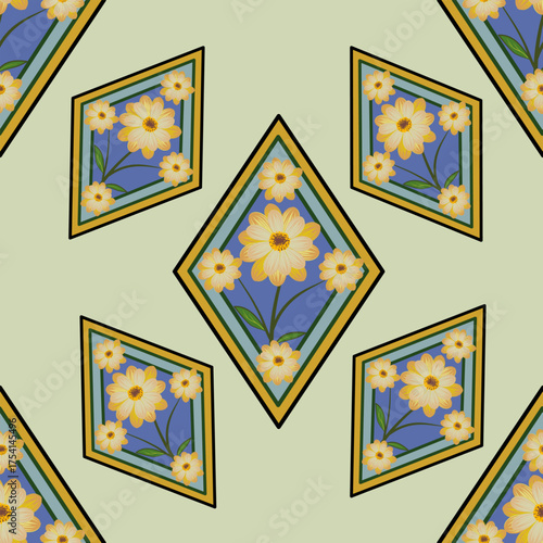 A seamless pattern of cascading white wisteria-like flowers on a sage green background.