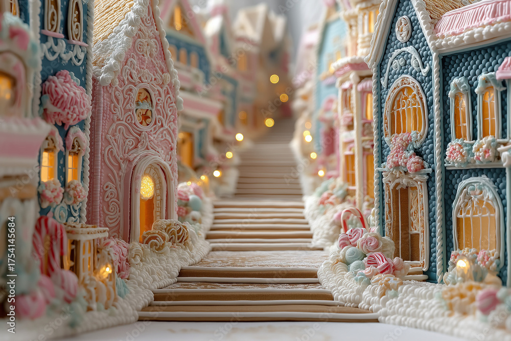 Fototapeta premium A whimsical gingerbread village with colorful icing and candy canes