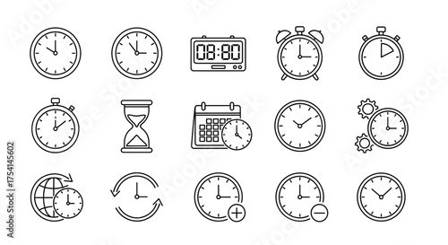 Time and clock line icon set. Vector collection of simple symbols for watch, timer, stopwatch, alarm, and calendar. Concepts of time management, deadline, schedule, appointment.