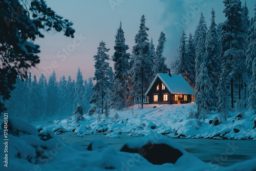 A cozy snowy forest cabin w...