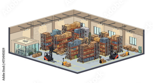 Isometric warehouse illustration depicting inventory management and supply chain operations with forklifts and packaged goods neatly arranged on