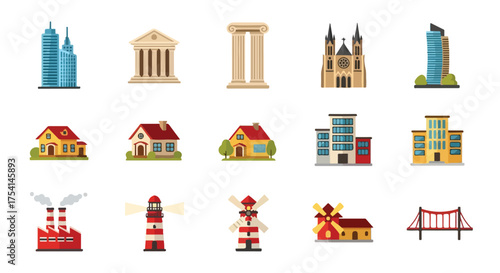 Diverse architectural icons and building symbols representing global urban landscapes and cultural landmarks set in a vector illustration