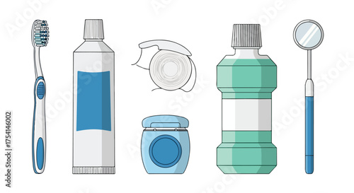 Vector Illustration Depicting Dental Hygiene Essentials for Promoting Oral Health and Well-Being Through Preventative Care and Daily Practices