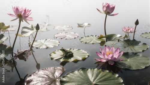 A serene pond scene features water lilies, a frog, and reflections. Misty ambiance adds tranquility