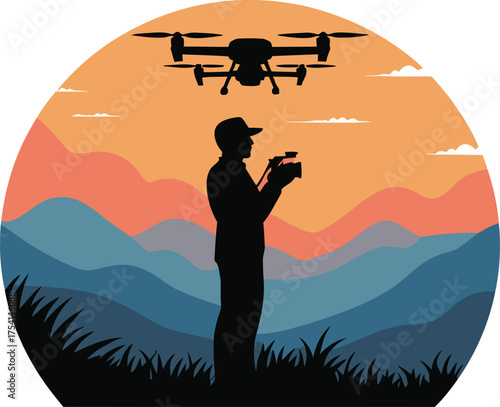 Drone pilot observing a vibrant mountain sunset with a distinct silhouette