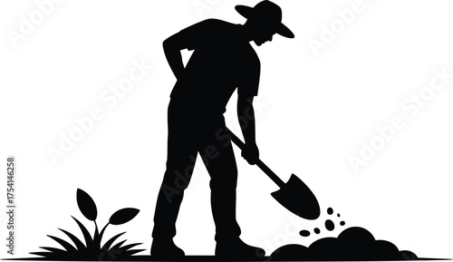 Farmer digging soil with a shovel in a distinctive silhouette style