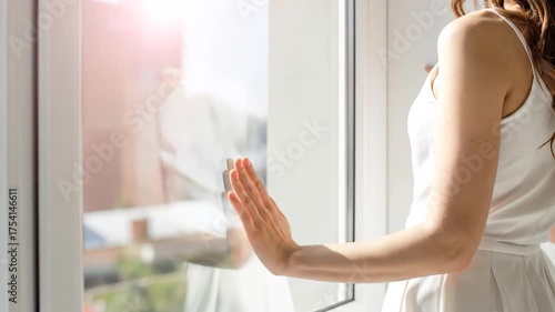 Rear view of woman in white dress touching sunlit window. Bright light reflects on glass, showing outdoor blur