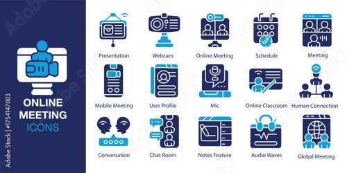 Online Meeting Icon set. Containing internet, laptop, work, office, remote, call and more. Solid vector icons collection. Vector illustration.