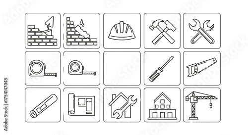 Construction building icon set. Line art icons for builder, repair and renovation service. Engineer tools. Hammer, wrench, saw, hard hat, crane, blueprint vector pictogram.