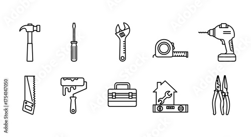 Set of Construction and Repair Tools Vector Icons with Hammer, Screwdriver, Wrench, Tape Measure, Drill, Saw, Paint Roller, Toolbox, Home Repair Concept, Pliers Illustration