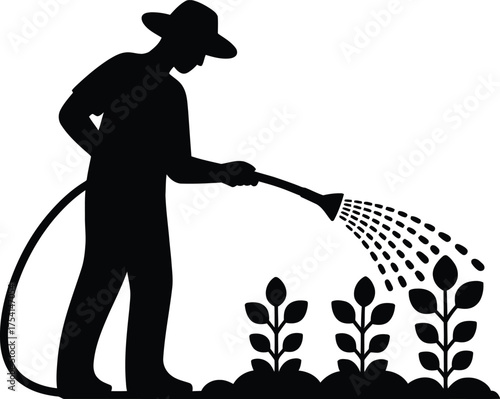 Gardener tending to plants in a garden silhouette style