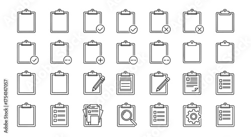 Clipboard icons set with check marks, crosses, plus and minus symbols, pencils, documents, magnifying glass, gears, notes, and checklists, office and task management concept, line art design