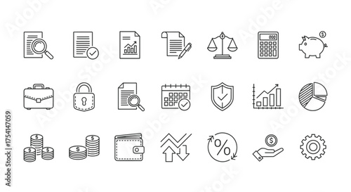 Business and finance icons set, document analysis, financial reports, security, calendar planning, investment growth, money savings, calculator, wallet, statistics, percentage, and gear symbols