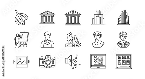 Art and culture icon set. Thin line icons collection. Museum, exhibition, gallery symbols. Artist, painting, sculpture, photography, music. Creative hobby and history concept.
